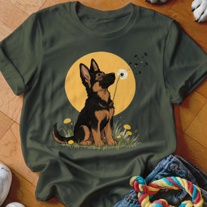 Dark green t-shirt featuring a graphic of a German Shepherd puppy watching dandelion seeds blow away in front of a yellow moon.