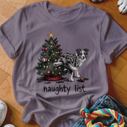 T-shirt with a Christmas tree and a border collie dog, reading "naughty list."