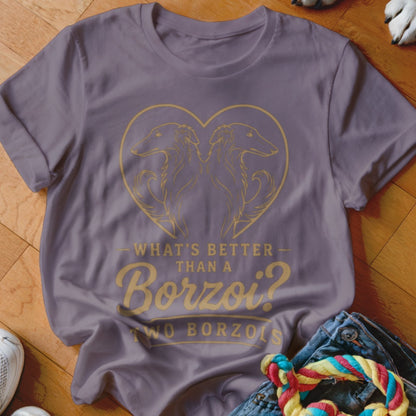 Purple t-shirt with gold graphic of two Borzoi dogs in a heart and text "What's Better Than a Borzoi? Two Borzois".