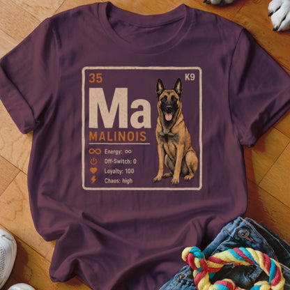 Malinois t-shirt design with dog portrait, "Ma" element symbol, and stats.