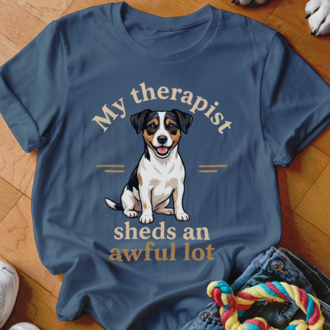 Blue t-shirt with a Jack Russell Terrier and text "My therapist sheds an awful lot."