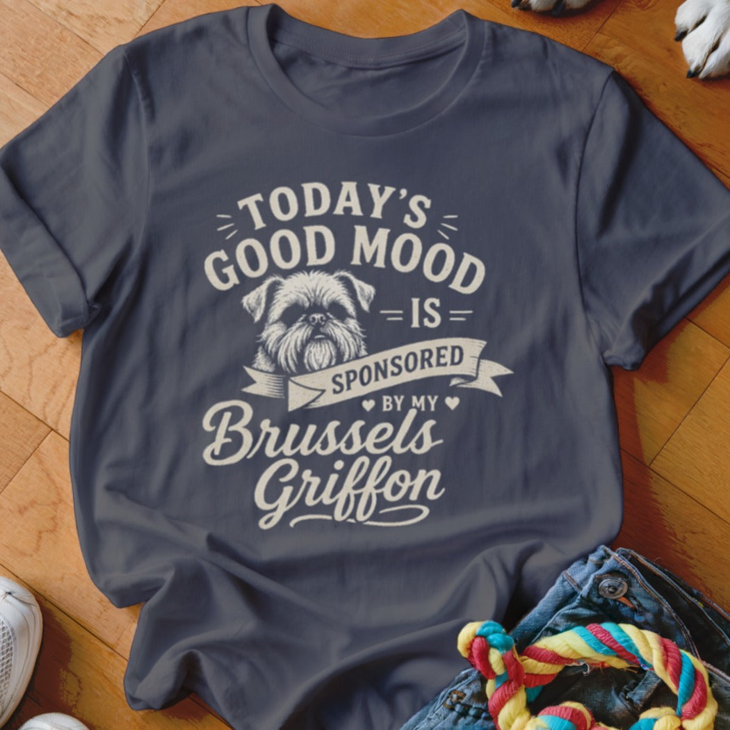 Dark blue t-shirt with "Today's Good Mood is Sponsored By My Brussels Griffon" text and dog graphic.