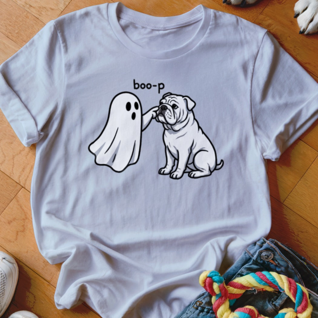 White t-shirt with a cartoon of a ghost saying "boo-p" to a bulldog.