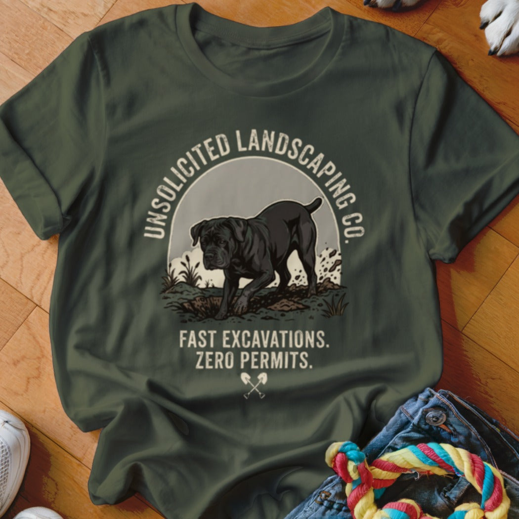 Green t-shirt with dog graphic and text "Unsolicited Landscaping Co."