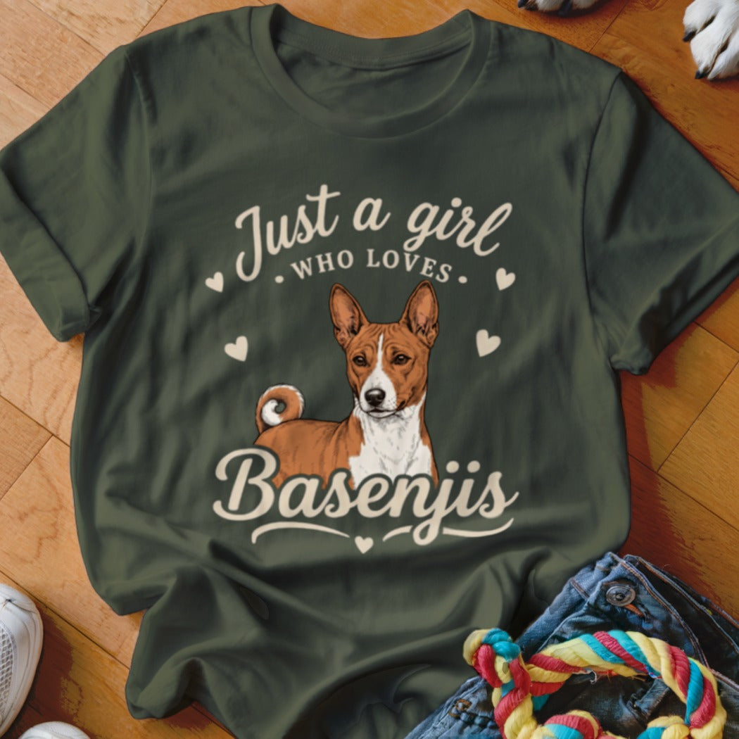 Dark green t-shirt featuring a Basenji dog graphic and text that reads Just a girl who loves Basenjis.