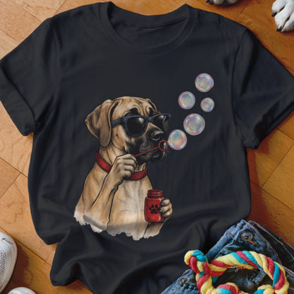 A black t-shirt features a graphic of a dog wearing sunglasses while blowing soap bubbles.
