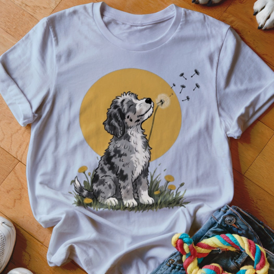 A white crewneck t-shirt featuring an illustration of a fluffy merle puppy blowing a dandelion against a yellow circle.