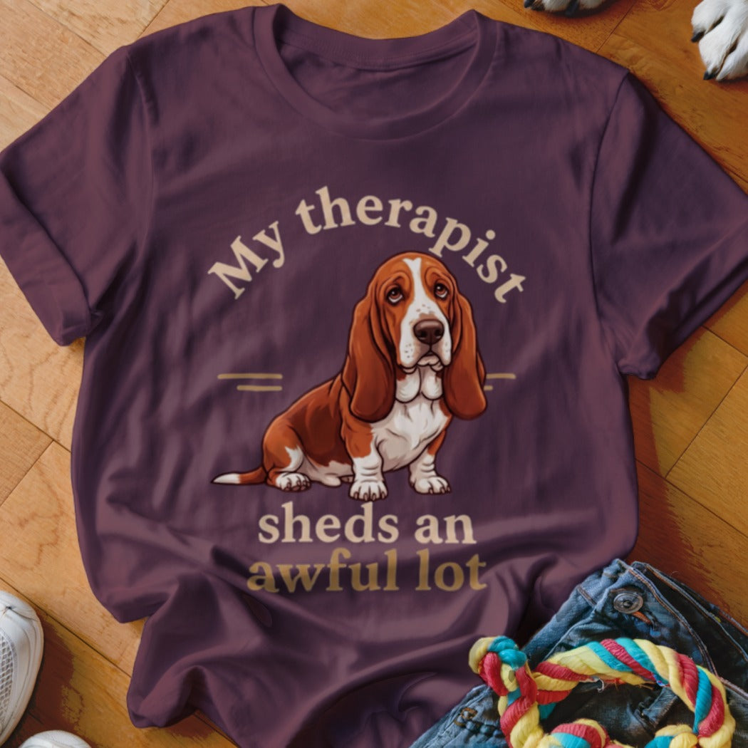 T-shirt with Basset Hound illustration and text "My therapist sheds an awful lot".