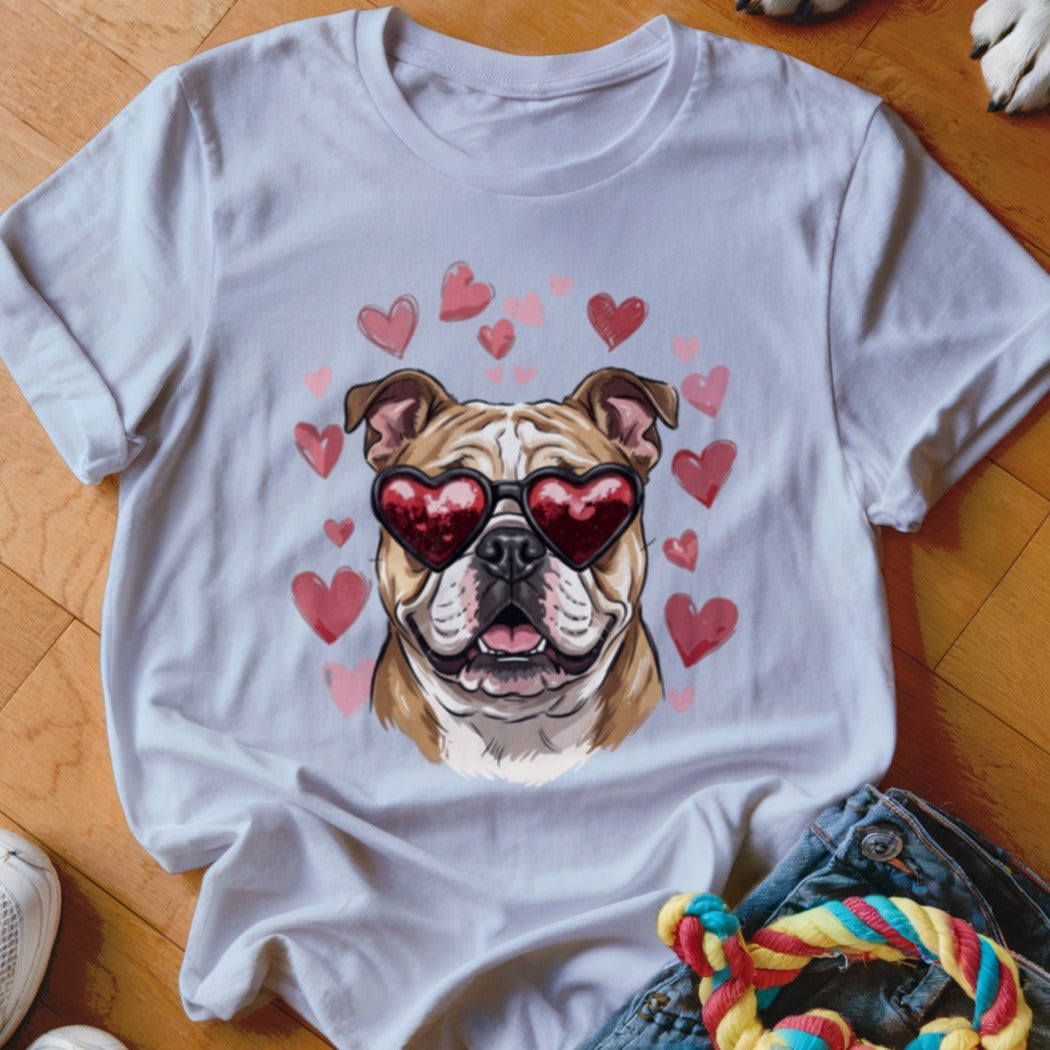 White t-shirt featuring an illustrated bulldog wearing heart-shaped sunglasses, surrounded by pink and red hearts.