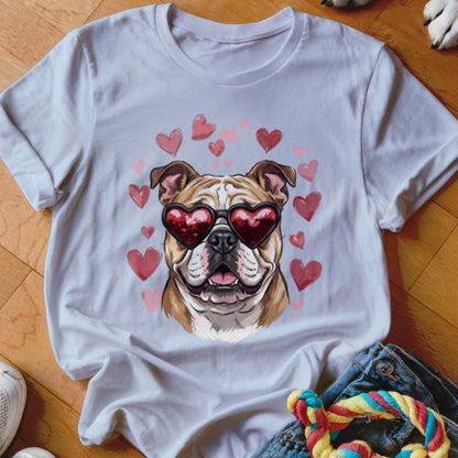 White t-shirt featuring an illustrated bulldog wearing heart-shaped sunglasses, surrounded by pink and red hearts.