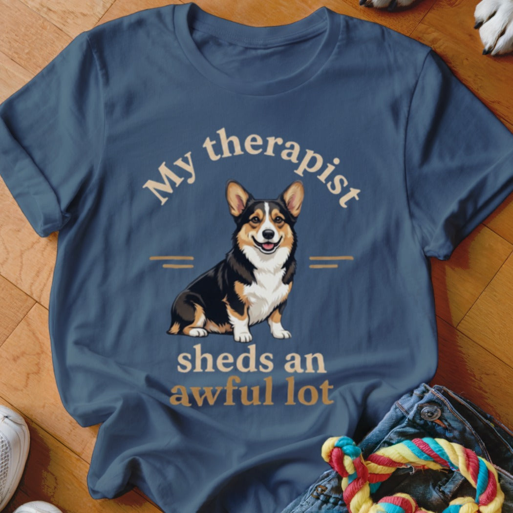 T-shirt with a corgi and text "My therapist sheds an awful lot."