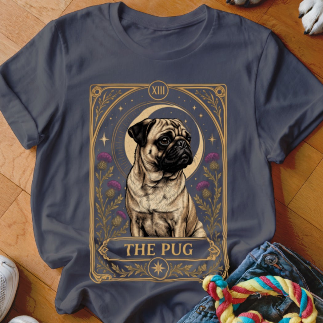 Dark gray t-shirt featuring a tarot-style graphic of a pug labeled The Pug.