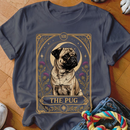 Dark gray t-shirt featuring a tarot-style graphic of a pug labeled The Pug.