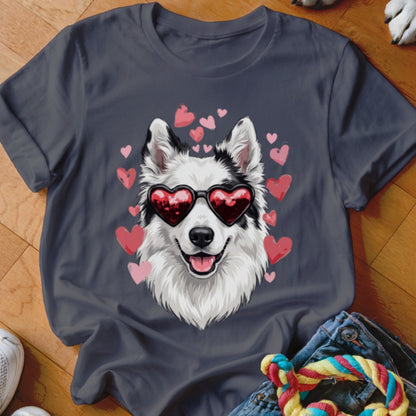 Dark grey t-shirt featuring a graphic of a white and black dog wearing heart-shaped sunglasses surrounded by pink hearts.