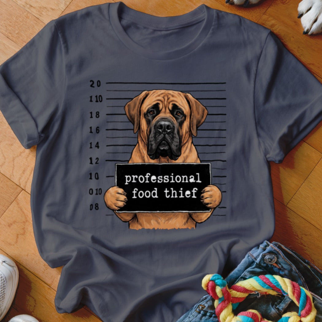 Mastiff dog with "professional food thief" sign on dark grey t-shirt