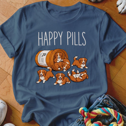 Several cute puppies spill out of a pill bottle with "HAPPY PILLS" text.
