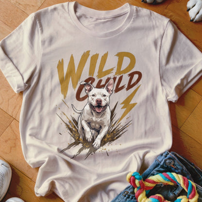 Beige t-shirt featuring a graphic of a white dog running through mud with the text Wild Child.