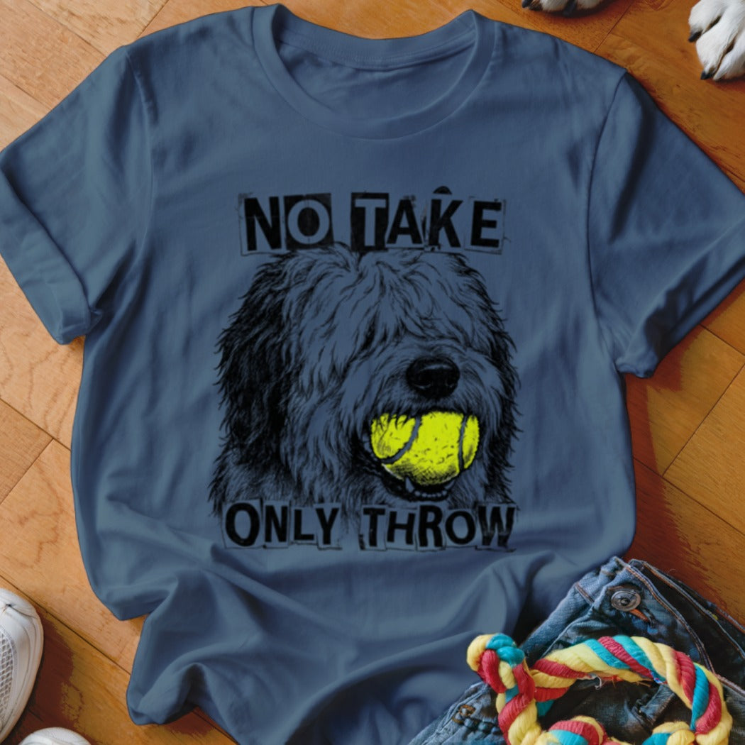 Navy t-shirt with a shaggy dog graphic holding a tennis ball and text "NO TAKE ONLY THROW".