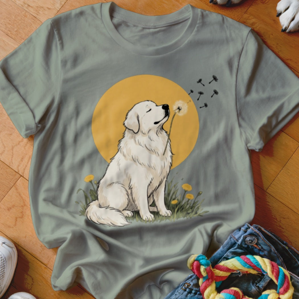 A sage green t-shirt featuring a graphic of a white dog blowing a dandelion.