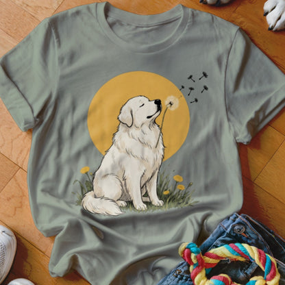 A sage green t-shirt featuring a graphic of a white dog blowing a dandelion.