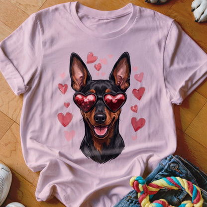 Light pink t-shirt featuring a graphic of a Doberman Pinscher wearing heart-shaped sunglasses surrounded by floating hearts.