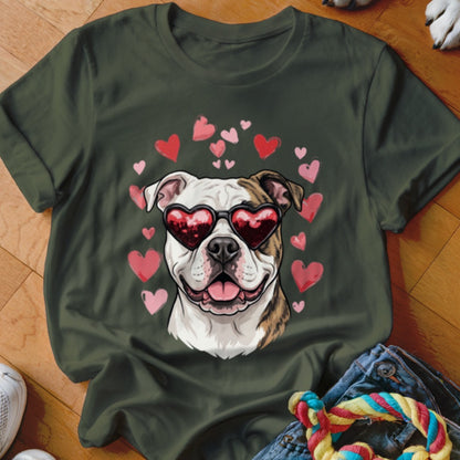Dark green t-shirt featuring an illustrated bulldog wearing heart-shaped sunglasses, surrounded by pink hearts.