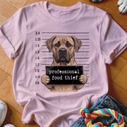 Light pink t-shirt with a dog mugshot graphic and "professional food thief" text.