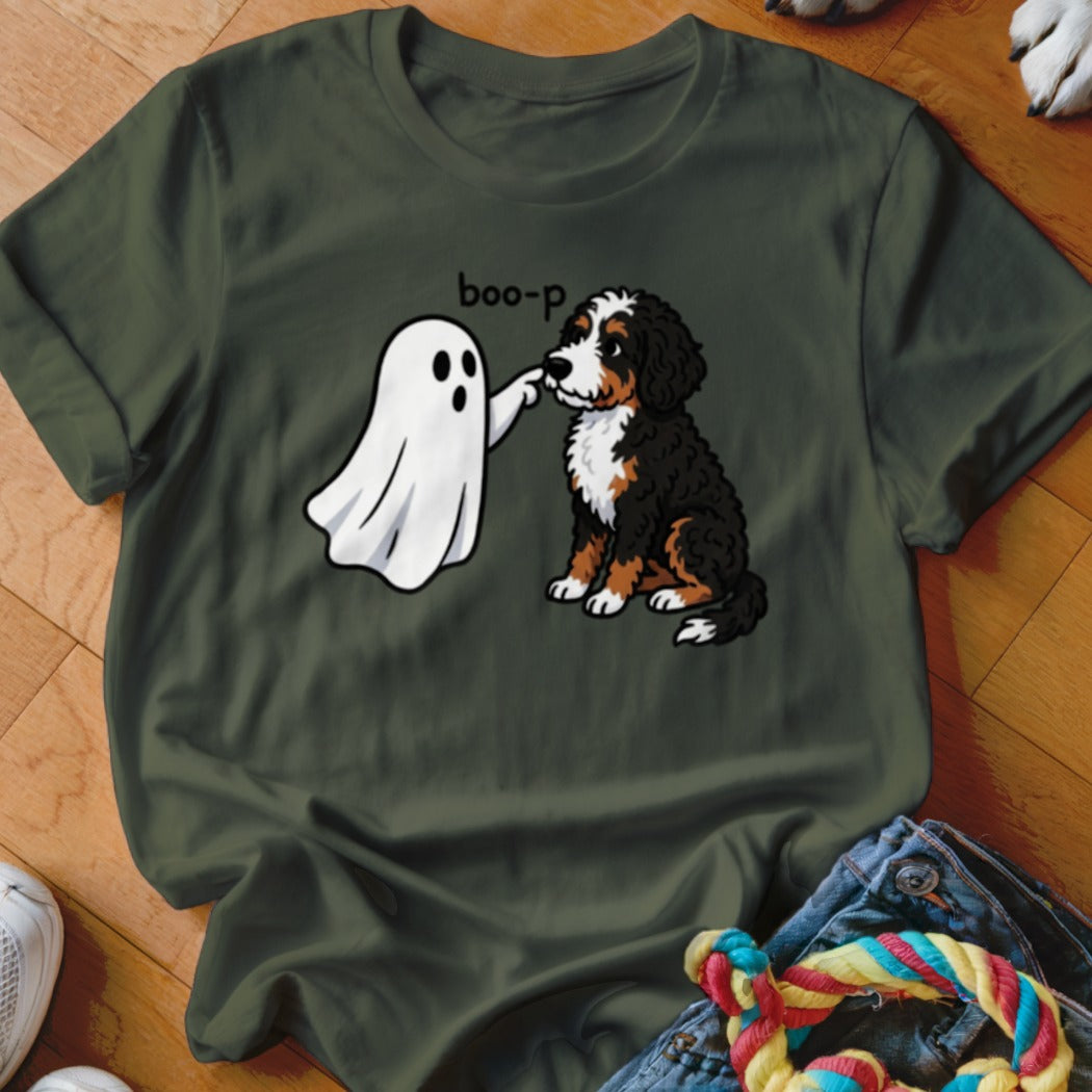 Bernese mountain dog getting booped by a ghost with "boo-p" text.