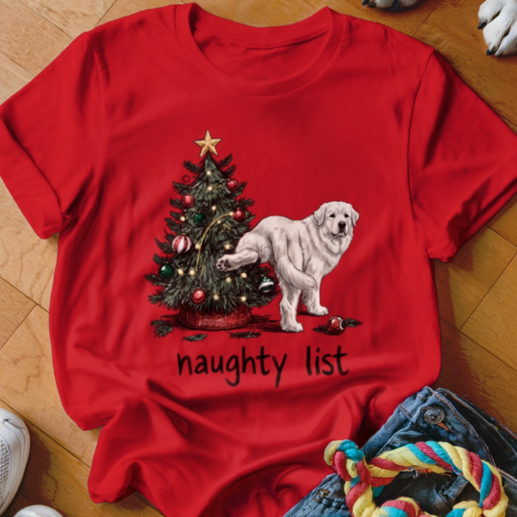 Red t-shirt with Christmas tree, white dog, and text "naughty list".