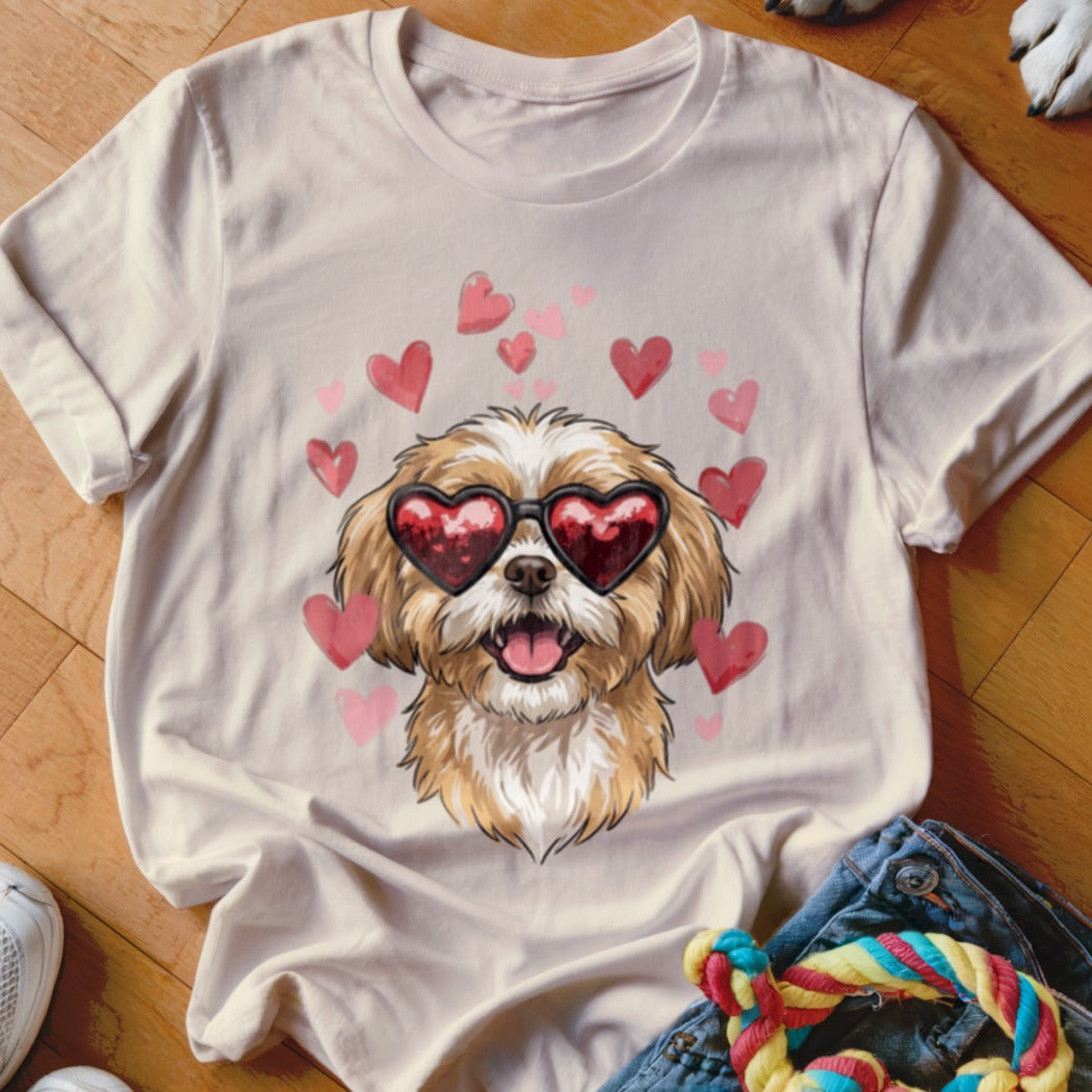 A light beige t-shirt featuring a graphic of a shaggy puppy wearing heart-shaped sunglasses surrounded by pink hearts.