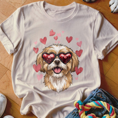 A light beige t-shirt featuring a graphic of a shaggy puppy wearing heart-shaped sunglasses surrounded by pink hearts.