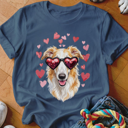 Dark blue t-shirt featuring a graphic of a tan and white dog wearing heart-shaped sunglasses, surrounded by pink hearts.