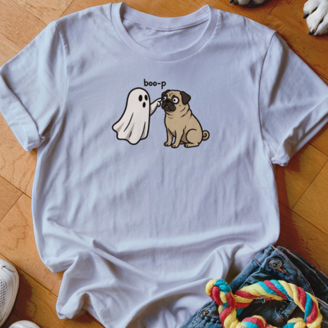 White t-shirt with a graphic of a ghost booping a pug, text "boo-p".