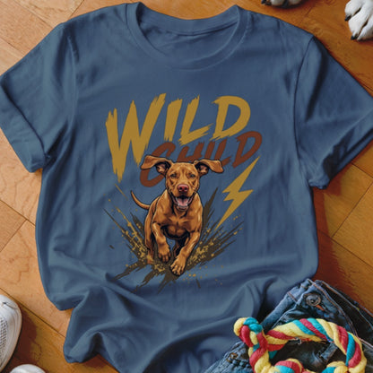 Blue t-shirt featuring a graphic of a running brown dog with the text "Wild Child".
