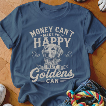Blue t-shirt with Golden Retriever graphic and text "Money Can't Make You Happy But Goldens Can".