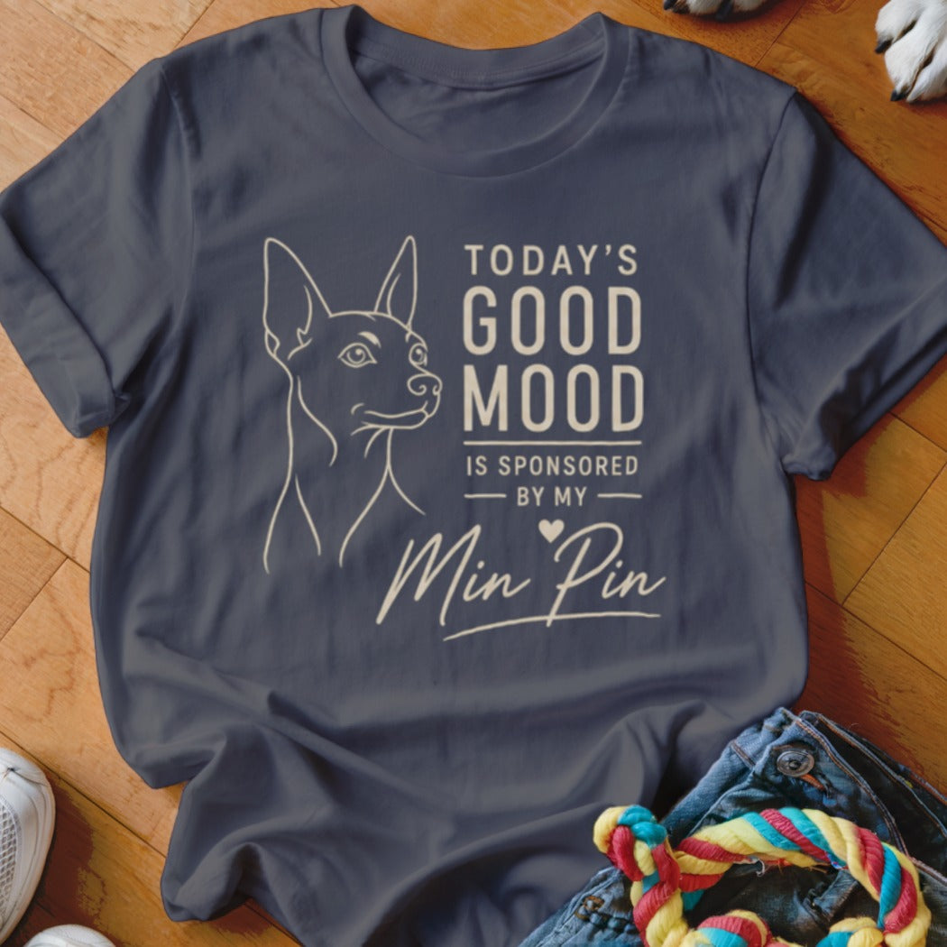 Dark blue t-shirt with line drawing of dog and text "Today's Good Mood is Sponsored by My Min Pin".