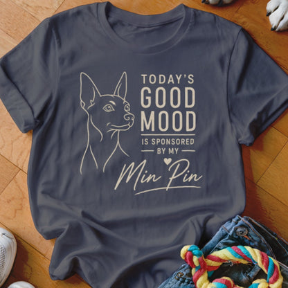 Dark blue t-shirt with line drawing of dog and text "Today's Good Mood is Sponsored by My Min Pin".