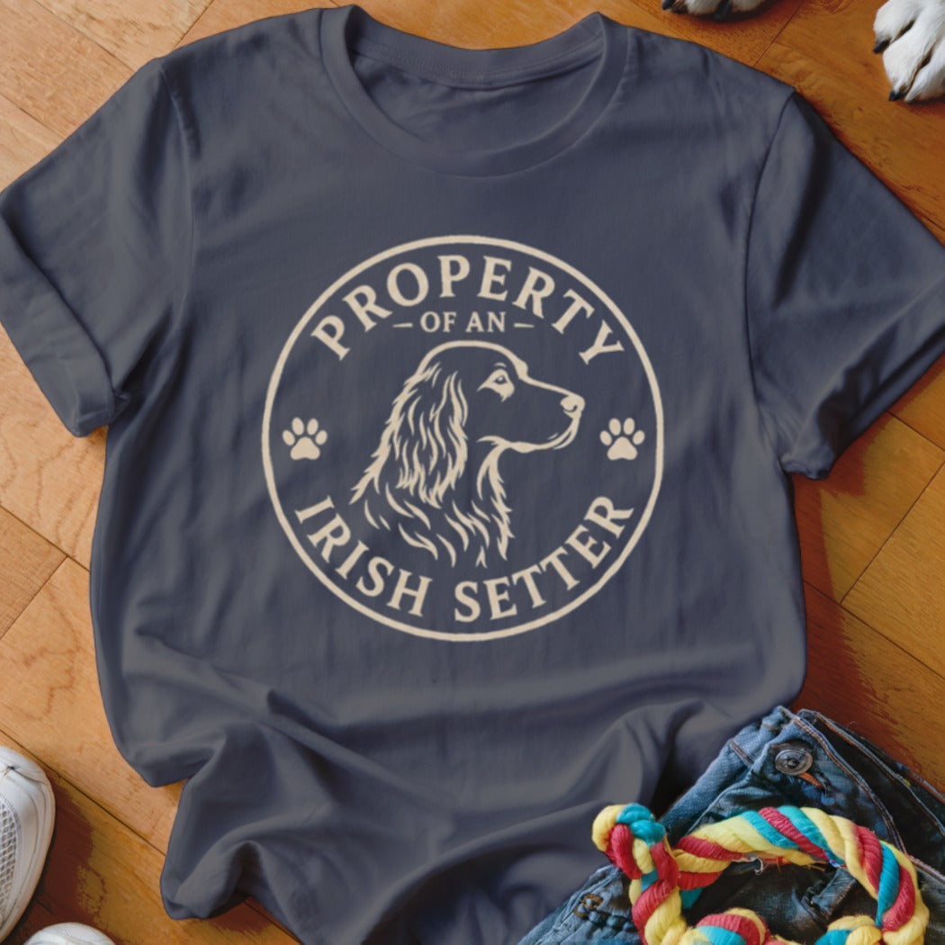 Navy t-shirt with "Property of an Irish Setter" text and dog illustration.