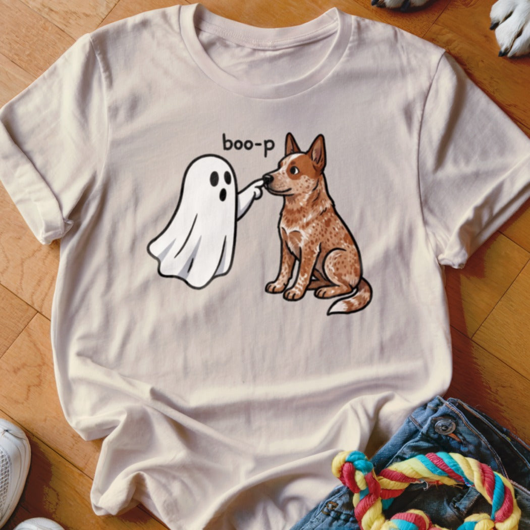 Ghost booping a dog's nose with the text "boo-p" above.