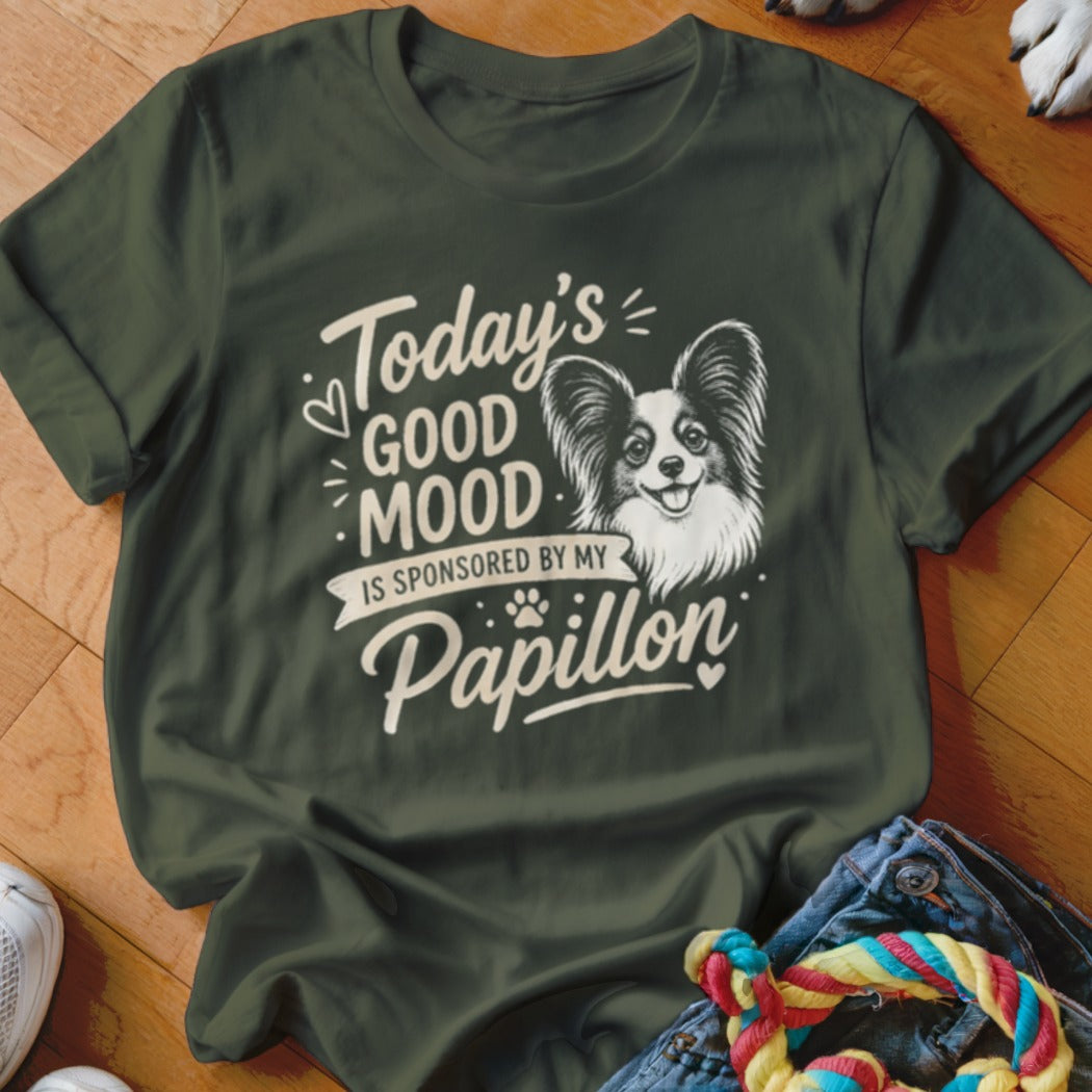 Dark green t-shirt with "Today's Good Mood is Sponsored by My Papillon" text and a dog illustration.