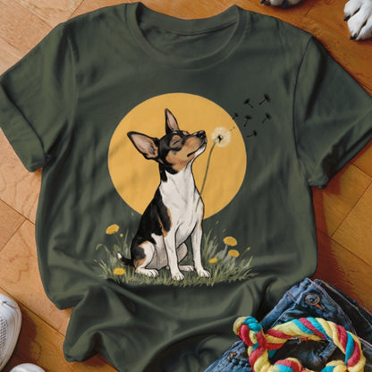 An olive green crewneck t-shirt featuring a graphic of a dog blowing a dandelion.