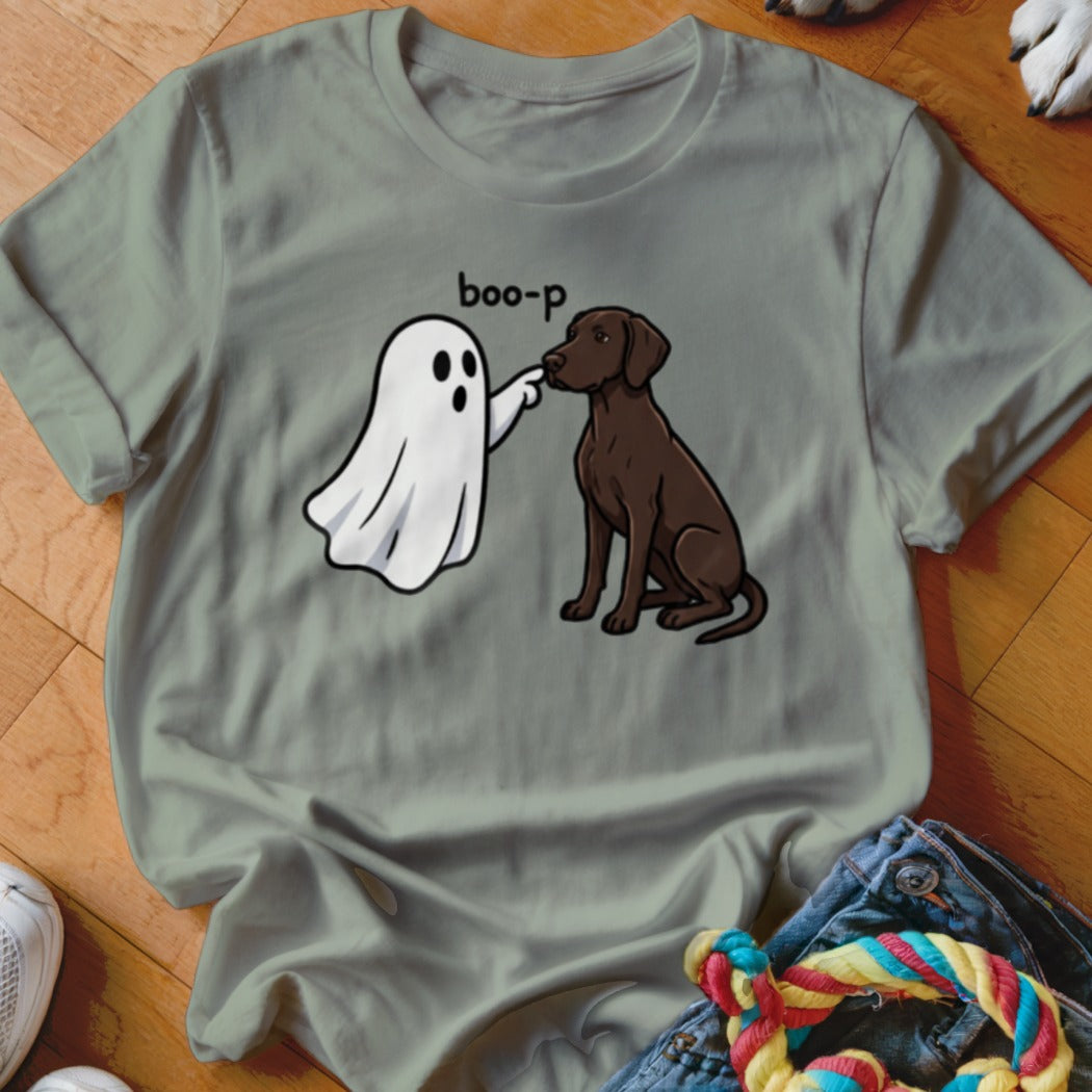Ghost touching a brown dog's nose with text "boo-p".