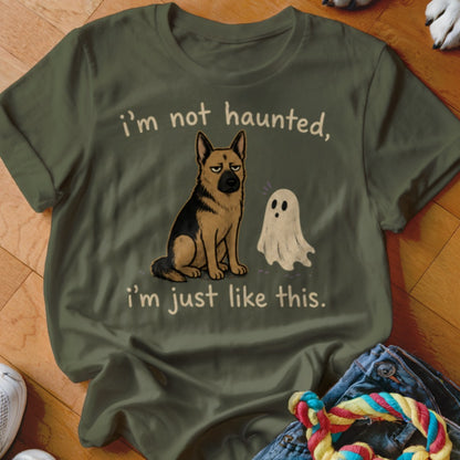 German Shepherd with ghost and text "I'm not haunted, I'm just like this."