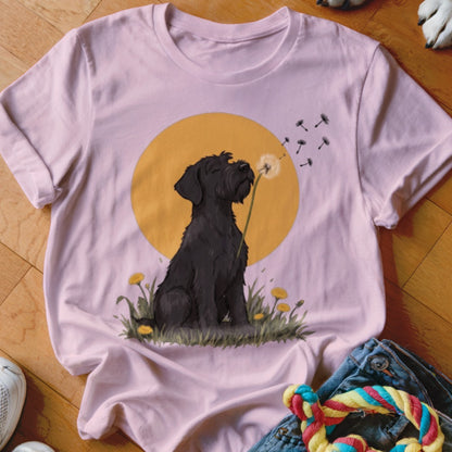 Light pink t-shirt featuring a graphic of a black dog blowing a dandelion.