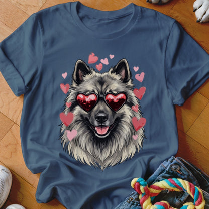 A dark blue crewneck t-shirt features a fluffy grey dog wearing heart-shaped sunglasses surrounded by floating pink hearts.