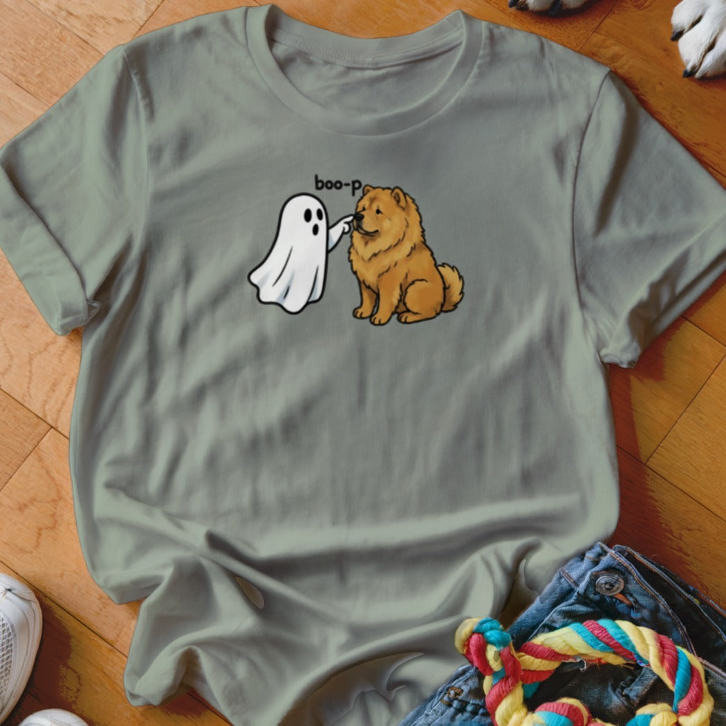 Chow chow dog with ghost saying "boo-p" on gray t-shirt.