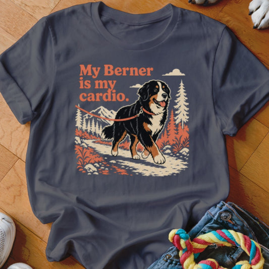 Bernese Mountain Dog on a leash with text "My Berner is my cardio."