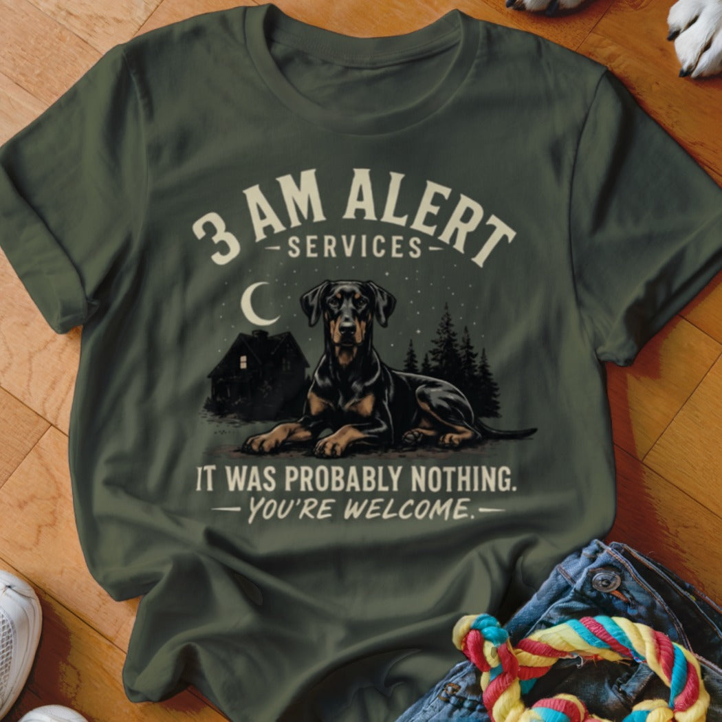 Doberman guards a house at night with text "3 AM Alert Services".