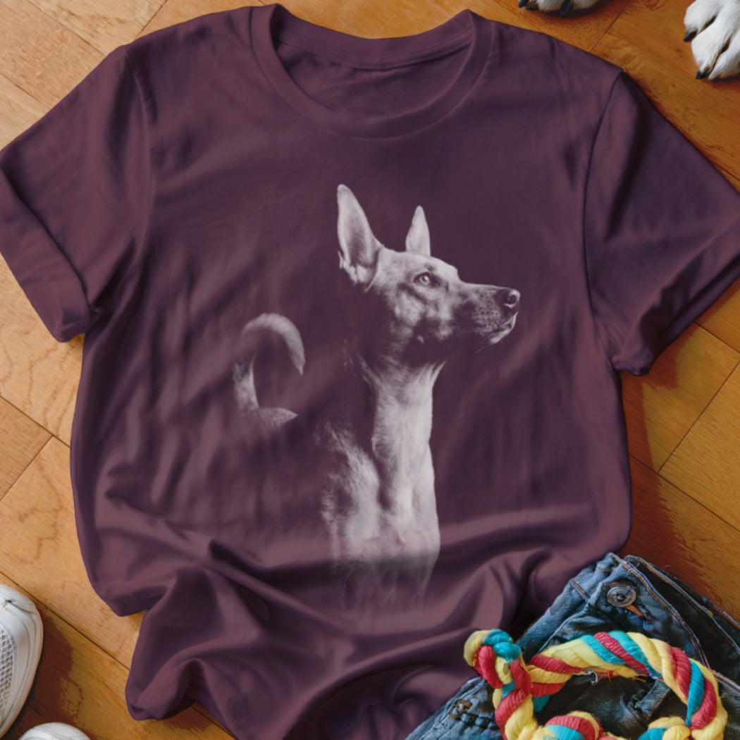 Maroon t-shirt with a black and white graphic of a dog looking to the right.