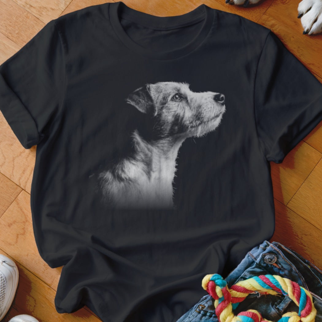 Black t-shirt with a grayscale portrait of a dog looking to the right.